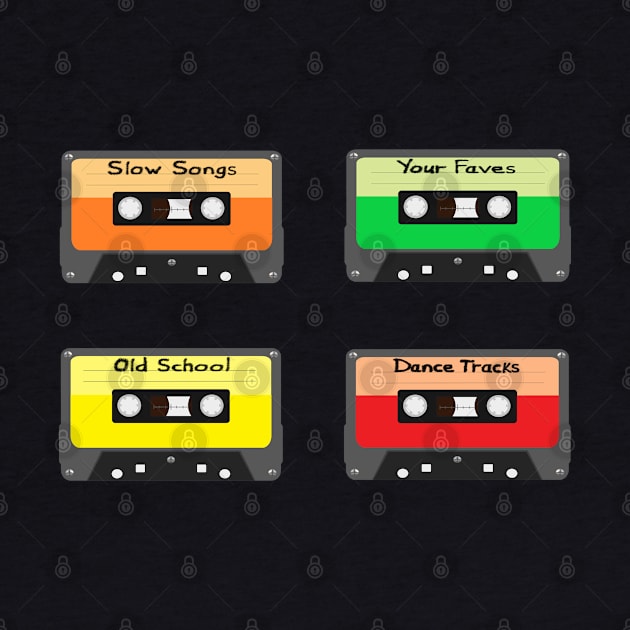 Mixtapes Pack. Set of Four Retro Cassette Mix Tapes in Vintage Colors. Slow Songs, Your Faves, Old School and Dance Tracks. (Black Background) by Art By LM Designs 